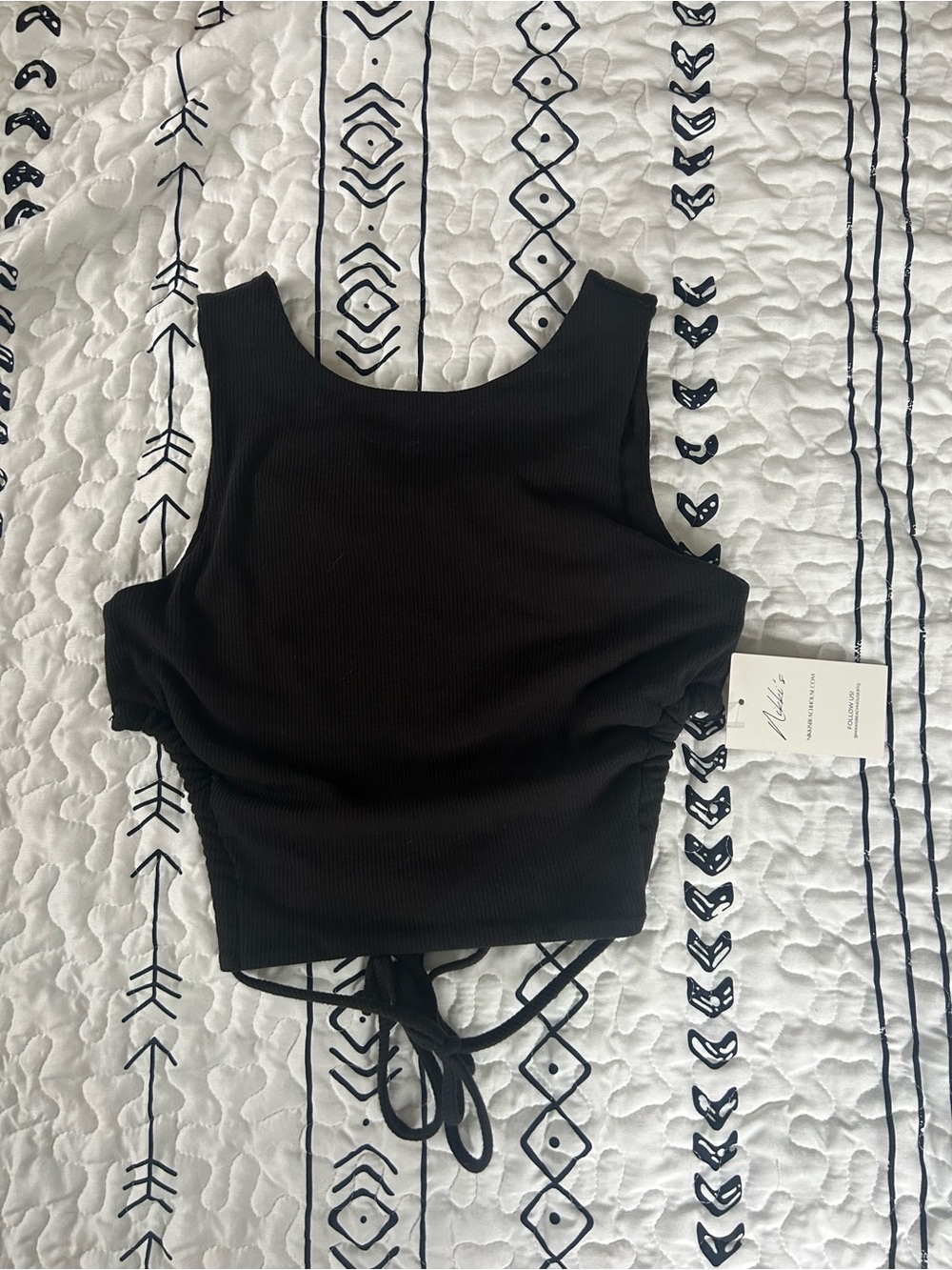 Black Ribbed Drawstring Crop Tank Top